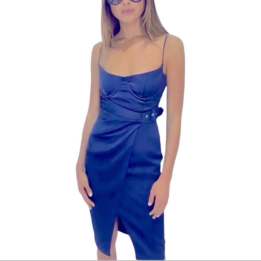 Misha Collection x Free People Rina 2 / XS Blue Ruched Silky Bustier Belted Midi